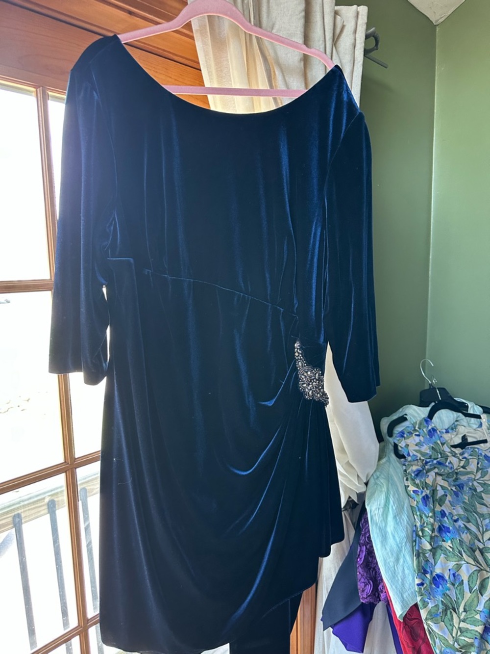 Alex Evenings Navy Blue Velvet Midi Dress with Jeweled Waist